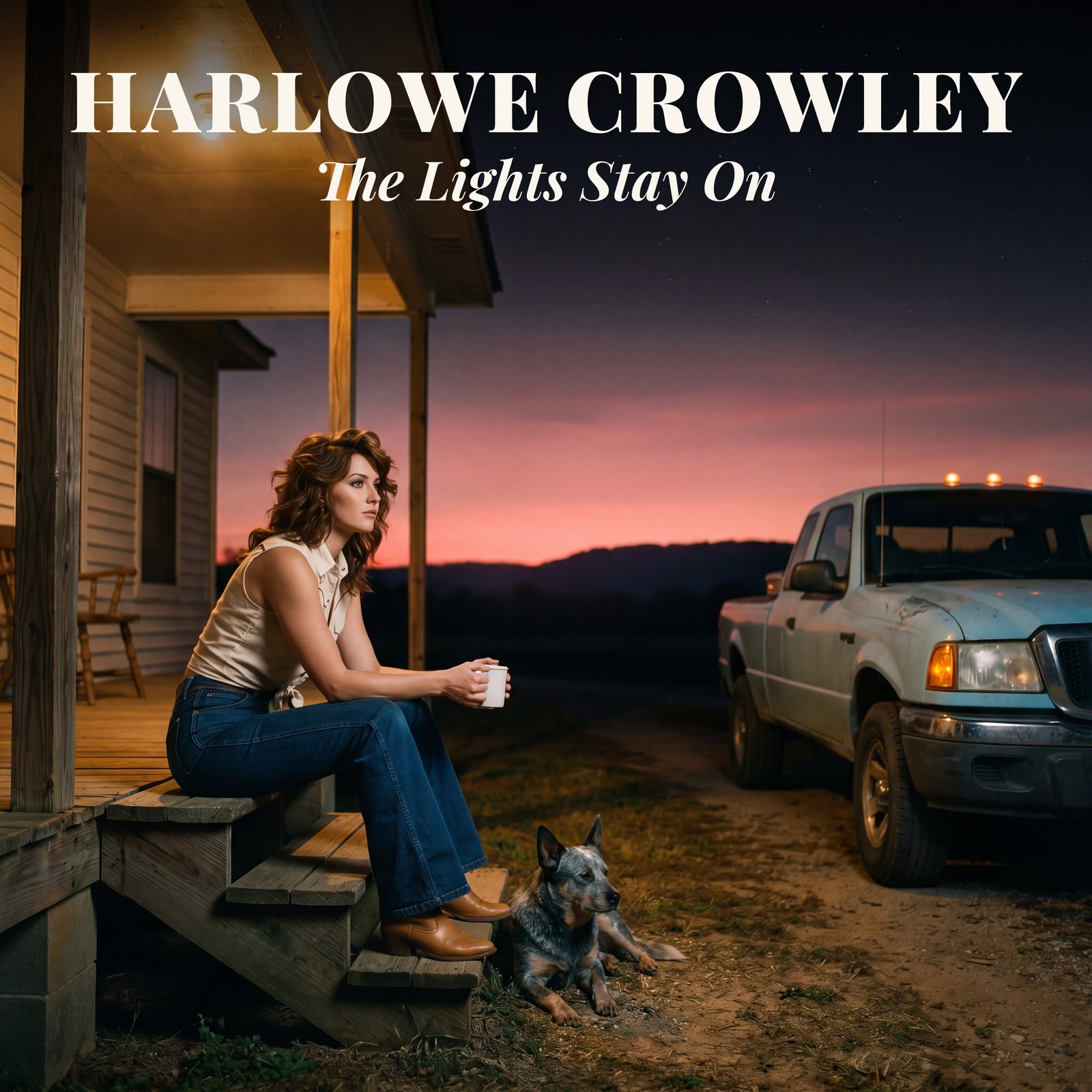 Album cover for The Lights Stay On by Harlowe Crowley: a woman seated on a farmhouse porch at pre-dawn in Arkansas, dog at her feet, pale-blue Ford Ranger in the driveway.
